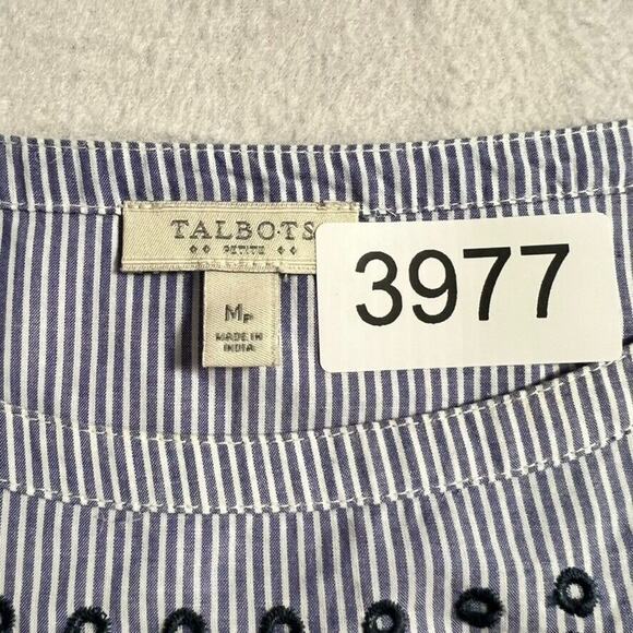 Talbots Blouse Womens Petite M Embroidered White Blue Striped 3/4 Sleeve - Picture 4 of 7